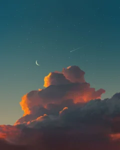 Digital artwork of vibrant clouds illuminated by sunset colors, with a crescent moon and a shooting star in a starry sky.