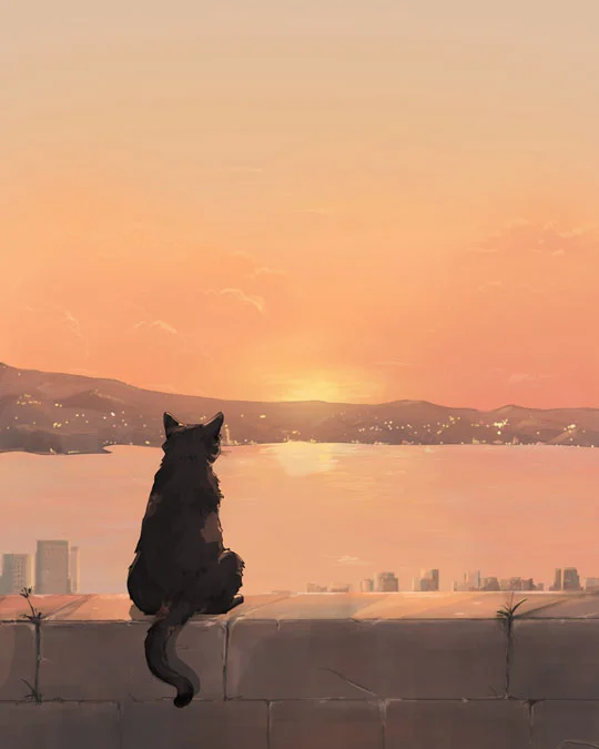 Digital artwork of a black cat sitting on a wall, watching the sun set over a cityscape with mountains in the background.