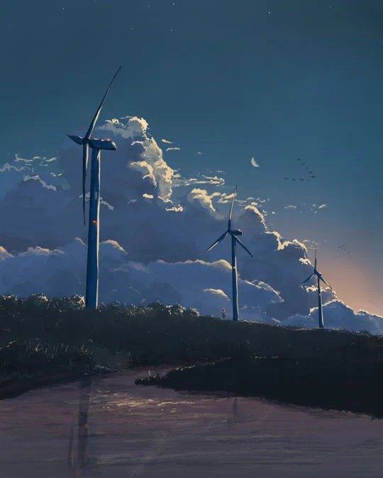 Wind turbines at dusk with large clouds in the background, a crescent moon, and a reflective stream in the foreground.