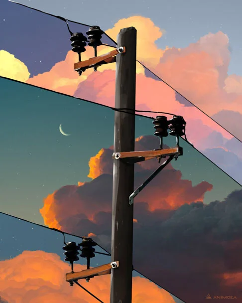 Utility pole with power lines against a backdrop of sunset clouds and a crescent moon in the evening sky.