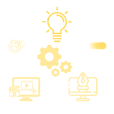 Graphic with icons for creativity, digital art, and video editing skills in yellow on a black background.