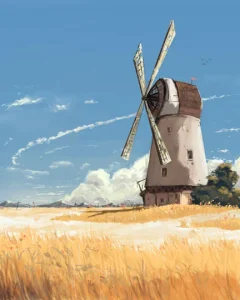 Digital painting of a windmill in a sunny golden field with a bright blue sky and scattered clouds.