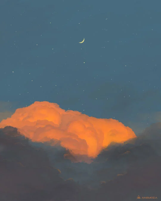 Golden-orange clouds under a crescent moon in a starry sky at dusk.
