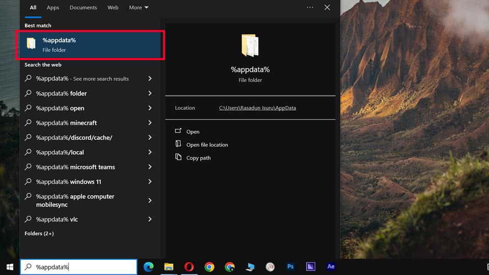 Windows search bar displaying the '%appdata%' command with the File Explorer result highlighted for accessing the AppData folder.tutorials