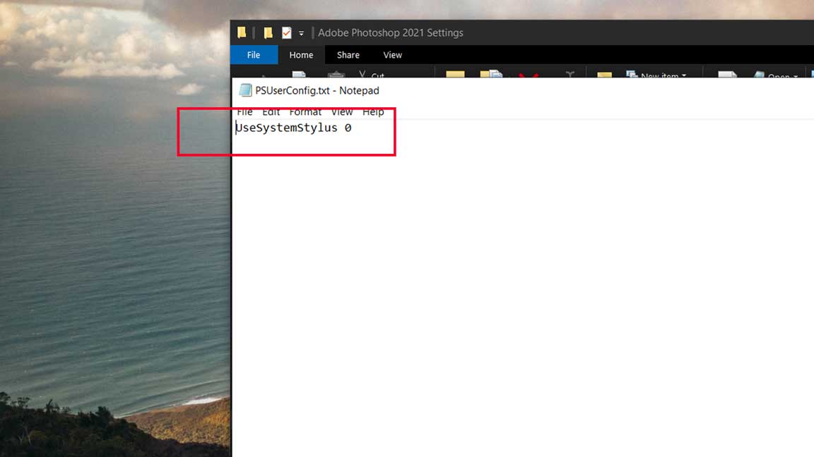 Notepad file displaying "UseSystemStylus 0" as a solution for fixing pen pressure issues in Photoshop.tutorials