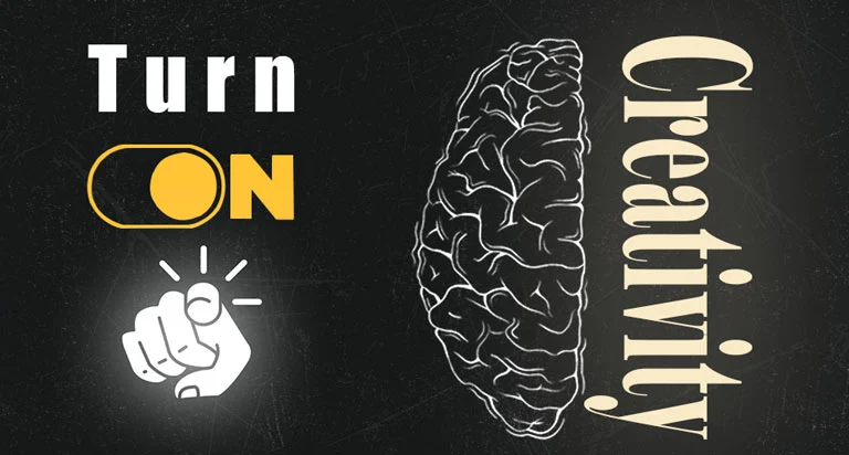 Illustration of a brain with the text 'Turn ON Creativity' featuring a glowing switch and pointing hand symbol.tutorials