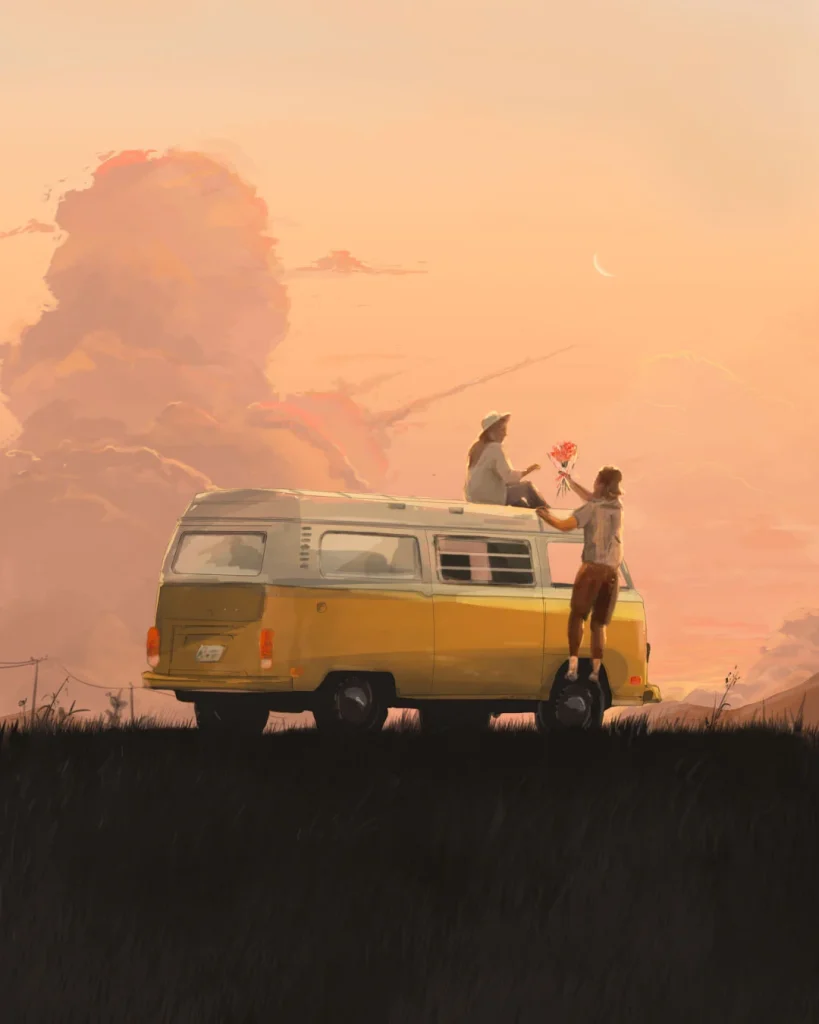 A digital painting of a person standing next to a vintage Volkswagen van in a grassy field at sunset. The sky is vast with towering golden clouds, and a small camping setup with a tent and chair is visible in the background, creating a peaceful and contemplative scene.