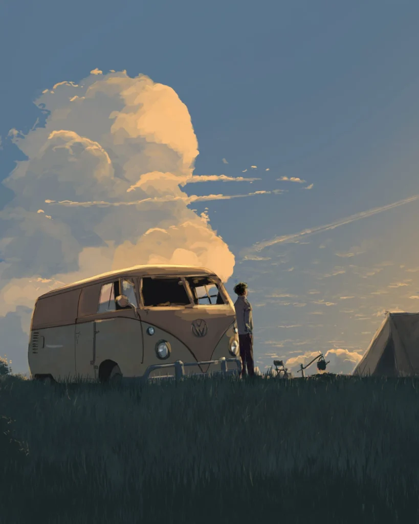 A digital painting of a sunset scene featuring a vintage yellow van parked on a grassy hill. Two people share a tender moment—one sitting on the roof of the van, wearing a hat, while the other stands on the bumper, offering a bouquet of flowers. The sky is painted in soft pastel hues with a crescent moon visible in the distance.
